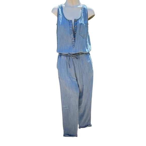 Boston Proper Pants - Boston Proper Blue Chambray Jumpsuit Size XS button up front tie elastic waist